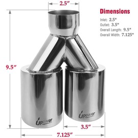 Upower 2.5" to 3.5" Dual Staggered Exhaust Tips 2 1/2 inch Inlet 3 1/2 inch Outlet 9.5" Long 304 Polished Stainless Weld On Double Wall Slant (Pack of 2)