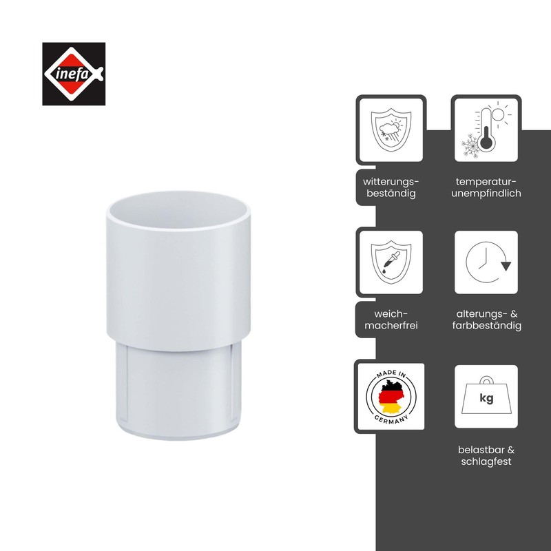 Inefa Pipe socket DN 75, white plastic, rain gutter, roof