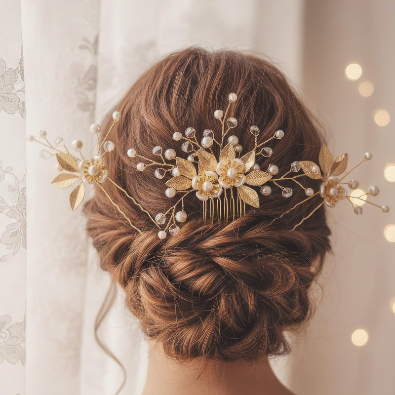 CHIORGONE ブライダルヘアアクセサリーセット-ゴールドリーフ&パールヘアコーム&ピン 5個セット、花嫁、ブライズメイド、フラワーガール用クリスタル付きウェディングヘッドピース