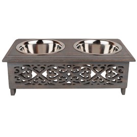 GoCraft Raised Dog Bowls for Small Dogs | Elegant Farmhouse Grey Washed Elevated Wooden Stand Feeder with 2 Stainless Steel Bowls for your Pet Food & Water