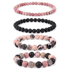 Vinswet 4pcs Natural Stone Beaded Bracelets for Women Men,Healing Crystal Gemstones Stretch Bracelet,4mm 6mm 8mm 10mm Pink zebra Lava Rock Rhodochrosite Anxiety Stress Relief Bracelet Jewelry Gifts