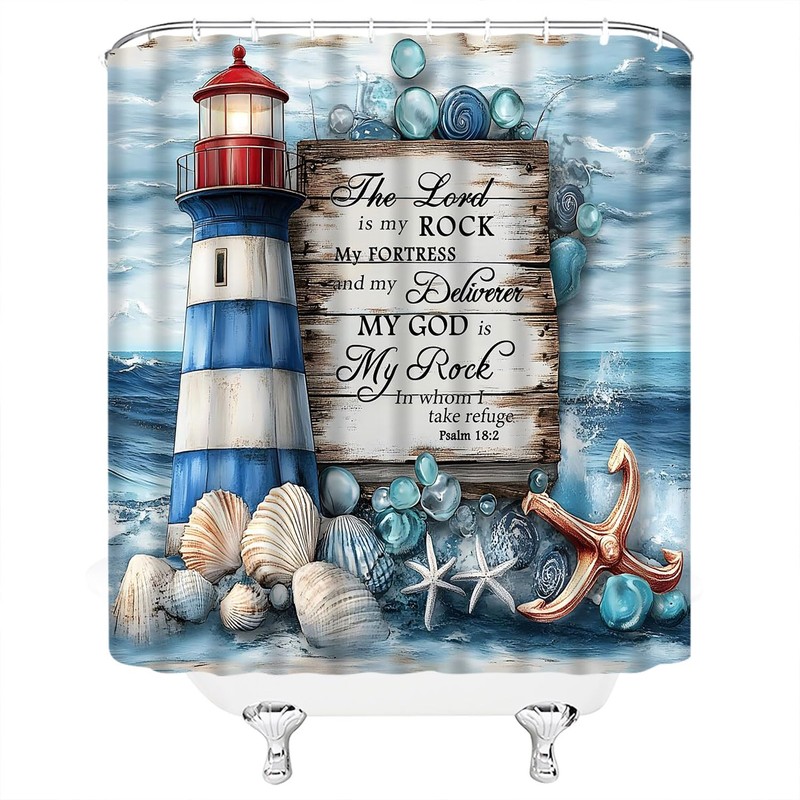 Lighthouse Bible Verse Shower Curtain Beach Coastal Seashell Starfish Blue