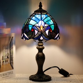 TCODTPOL Small Tiffany Lamp Stained Glass Table Lamp Mini Desk Accent Light for Bedroom Bedside Reading Home Antique Style Decor 8X15 Inches (Green)