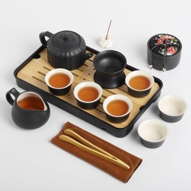 MAKOUYU Chinese Tea Set for 6，Unique Chinese Tea Set for Adults/Tea Lovers,15-Piece Porcelain Tea Set With Leather Storage Box, Portable Tea Set for Gifting, Home, Outdoor, Business (shoubing pot)