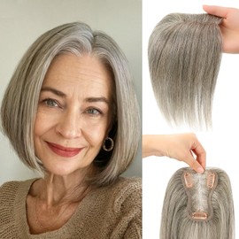 Uaismewow Human Hair Toppers for Women Light Grey Clip in Hair Pieces Remy Hair Toppers for Women with Thinning Hair Real HumanHair 10inch Grey HairToppers for hairloss