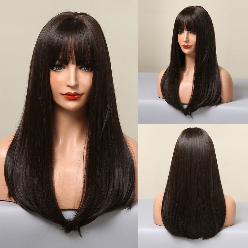 Long Black Wig Human Hair with Bangs and Wig Cap