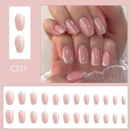 Pink Press on Nails Short Square Fake Nails, Silver Glitter Press on Nails with Designs Glossy False Nails Fall Nails Full Cover Acrylic Nails for Women and Girls 24Pcs