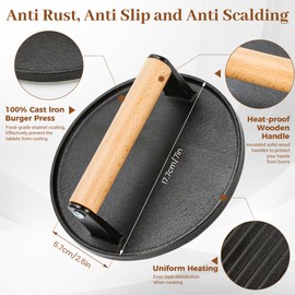 Eoufore Smash Hamburger Press Kit,Around Burger Press,Hamburger Spatula and Stainless Steel Tongs with Wooden Handle,Heavy-Duty Cast Iron Grill Press for Bacon, Hamburgers, Eggs, Sandwiches,Steak