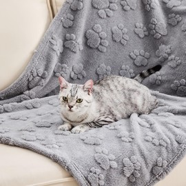Qeils Jacquard Dog Blankets for Small Dogs, Cozy Calming Blanket for Indoor Cats, 280GSM Coral Fleece Plush Fluffy Throw Blanket, Grey Paws, 25x30IN