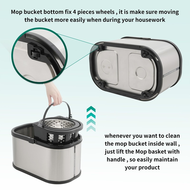 Stainless Steel Spin Mop and Bucket with Wringer Set, 360°