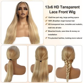 13x6 Blonde Highlight Lace Front Wig 28 Inch Long Straight Human Hair Wig for White Women Slightly Bleached Knots Golden Brown with 613 Bleach Blonde Highlights Glueless Wigs with Brown Roots