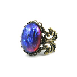 Little Gem Girl Vintage Style Antique Bronze Filigree Adjustable Ring with Synthetic Mexican Opal Cabochon, 8x13mm, Jewelry for Adult Women