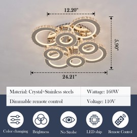 YYJLX Modern Led Ceiling Light with Remote Control 9 Rings Crystal Flush Mount Ceiling Light Fixtures 3 Color Dimmable and RGB Ceiling Lamp for Living Room Kitchen Dining Room Bedroom.