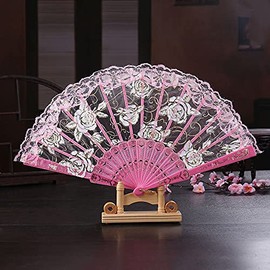 Wedding Fan Lace Hand Fan Spanish Baroque Victorian Folding Fan Vintage Women Men Folding Fans Fan for Wedding Gift Party Costume Carnival Dance Fancy Dress Pink