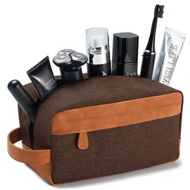 Lizzton Travel Toiletry Bag for Men - Water-Resistant PU Leather Base, Large Capacity Dopp Kit with Hanging Handle for Travel, Gym, Camping & Bathroom Organization, Brown