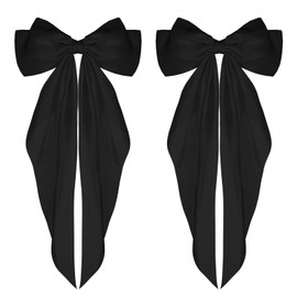 WLLHYF 2 Pieces Hair Clips with Big Bow Soft Silky Satin Hair Clip Long Tail French Ribbon Hairpins 90s Bowknot Clips for Party Christmas Women (Black)