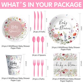 Suhelkit Floral Baby Shower Decorations Tableware Girl - Wildflower Baby in Bloom Baby Shower Party Supplies, Paper Plate, Napkin, Cup, Cutlery, Wild Flower Baby Shower Table Decorations | 24 Guests