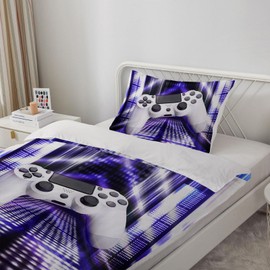 HOMHOMHA Gamer Bed Linen 135 x 200 cm Boys Teenagers Gamepad Boys Children's Bed Linen 3D Print Game Theme Duvet Cover and 1 Pillowcase 80 x 80 cm for Playroom, Blue