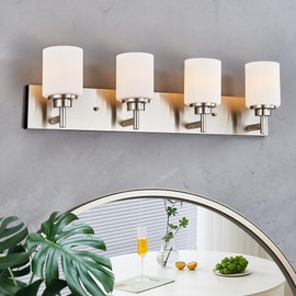 Bathroom Light Fixture, Modern Wall Light, Bathroom Vanity Light White Glass Large Backplate, Vanity Lighting Fixture, Vanity Light Bathroom Living Room Farmhouse (Brushed Nickel, 32 Inch 4-Light)