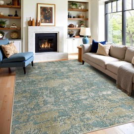 WITSHOCK Washable Rugs 8x10 Area Rug：Large Carpets for Living Room Rugs for Bedroom Dining Room Non-Slip Stain Resistant Home Office Decoration,Teal Brown