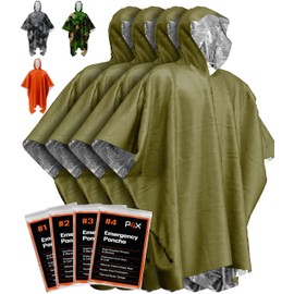 PREPARED4X Emergency Poncho with Mylar Blanket Liner – Heavy Duty, Waterproof, Wind-Resistant Green Rain Poncho for Outdoors, Camping, and Car Emergency Kits - Thermal Poncho - 4 Pack (Green)