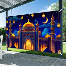 BlissYard Eid Decorations Ramadan Banner Mosque Backdrop Gold Dome Islamic Wall Decor Crescent Moon Ramadan Kareem Decorations for Muslim Eid Al Fitr Home Iftar Party