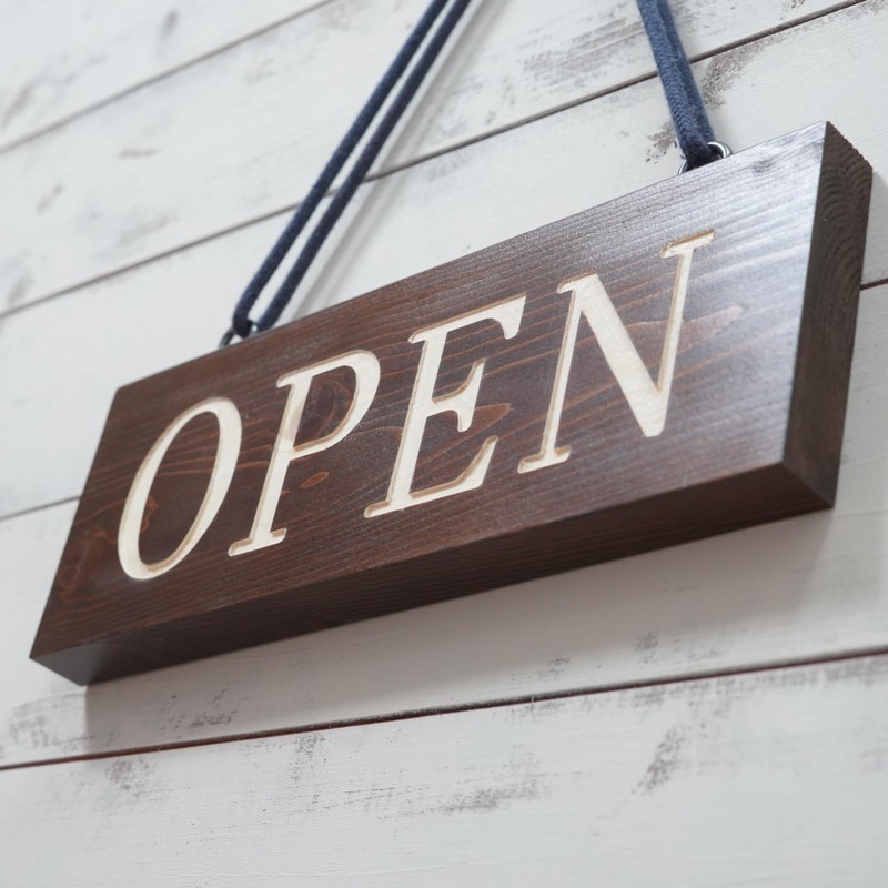 Open Wooden Sign (Width 9.4 inches (24 cm) Brown) Front