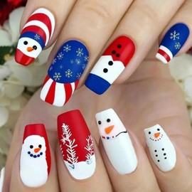 Independence Day Press on Nails Medium Coffin Fake Nails with Snowman Design Snowflake 4th of July Nails Red Blue Striped Glue on Nails Glossy Summer Christmas False Nails for Women Manicure 24Pcs