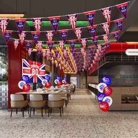 VJ Day 80th Anniversary Decorations Set - Large VJ Day Flag 5x3ft, V J Bunting Banner 10m, Balloons 18pcs, Small V-J Day Flags on Sticks 10pcs, WW2 Victory over Japan 80th Party Decorations