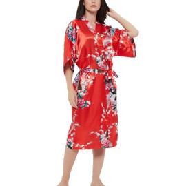 Women's Satin Rose Print Kimono Robe Premium Peacock Bridesmaid Bridal Dressing Gown Sleepwear Nightwear