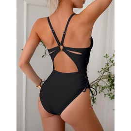 Leoparts One Piece Swimsuits for Women V Neck Ruched Tummy Control Bathing Suits Cutout Drawstring Swimwear, 156 Black, Large