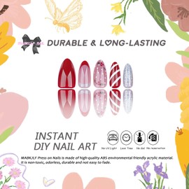 Christmas Press on Nails Medium Almond MABKJLF Red French Tip Fake Nails False Nails with Designs Silver Glitter Swirl Glossy Glue on Nails Stick on Nails for Women Girls 24 Pcs