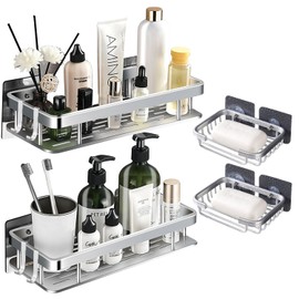 Juego de 4 Estanteria Ducha para Baño,Estante para Baño Sin Taladro,Repisa para Baño Pared,Estante Organizador de Baño,Modelos más gruesos mejorados con 4 Ganchos,para Baño,Cocina,Hotel (Plateado)