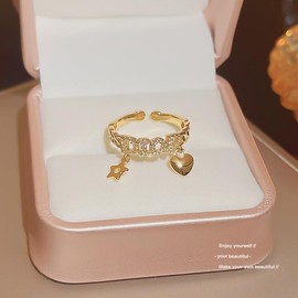 Chunky Yellow Gold Plated Adjustable Rings with Heart and H Designs, Cubic Zirconia Diamonds - Size 5-8 (Heart)