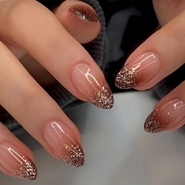 MISUD Fall Press on Nails Medium Almond Fake Nails Glossy Glue on Nails Red Brown Ombre Acrylic Nails Stiletto Artificial Nails Bling Glitter Stick on False Nails with Design 24 pcs