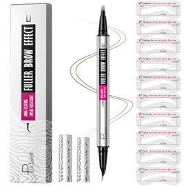 Curved Eyebrow Pencil with 10Pcs Stencils, 2-in-1 Dual-Ended Microblading Eyebrow Pen with Curved Brush-Tip and Fork-Tip for Hair-Like Brows, Waterproof Eyebrow Pencils for Women, Truffle