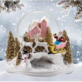 Santa w/Reindeer Pink Cottage Snow Globe by The San Francisco Music Box Company