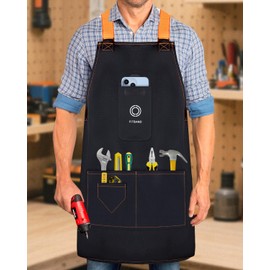 Adjustable Work Tool Apron with Secure Multi Phone Pocket - Design for Cooking, BBQ, Gardening, Carpentry, Bartending, Serving (Black)