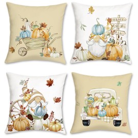 Bonhause Autumn Pumpkins Cushion Covers 45 x 45 cm Gnome Leaf Truck Orange Decorative Throw Pillow Covers for Sofa Couch Bed Home Garden Patio Decor Set of 4