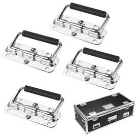 HIKPACKER Pack of 4 Folding Handles, Stainless Steel, Carry Handle with Spring, Box Handle, Silver, with Insulated Rubber Handle, Bore Diameter 6 mm, for Speaker Boxes, Toolbox, Door Tool Boxes (110