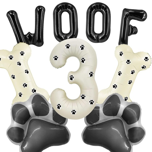 Dog Theme Balloons - 3rd Dog Birthday Party Decorations, 40 Inches Number 3 Foil Balloons, Paw and Bone Balloons, WOOF Letter Balloons, Paw Prints Stickers for Pet Kids Dog Birthday Party Supplies