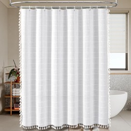 Boho Farmhouse Shower Curtain Rustic with 12 Plastic Hooks Shower Curtain Set with Tassel Boho Country Shower Curtain for Bathroom Decor- White-72x72