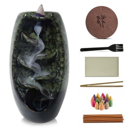 Ceramic Backflow Incense Holder Smoke Waterfall Burner Set with 120 Backflow Incense Cones, 30 Incense Sticks & Premium Accessories for Aromatherapy Home Decor