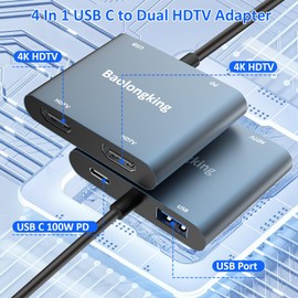 USB C to Dual HDMI Hub Adapter 4 in 1 Splitter for 2 Monitors,4K@60Hz,USB3.0,PD 100W Ports,Type C to Dual HDMI Adapter Multiport for MacBook Pro/Air Extended Display