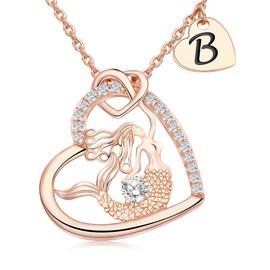 CREENCIA Mermaid Initial Necklace for Women, Gifts for Women Sterling Silver Necklaces, Rose Gold Heart Letter Jewelry, Christmas, Valentine's Day Birthday Gift for Daughter, Girlfriend, Niece