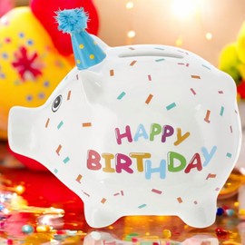 MIJOMA Happy Birthday Money Box - Dolomite Piggy Bank with Party Hat - Birthday Gift for Children & Adults - Decorative Money Gift for Birthday Party (M: 14 x 12 x 10 cm)