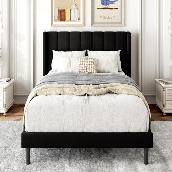 Gruwans Upholstered Bed Frame Twin with Wingback Headboard/No Box Spring