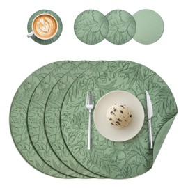 Washable Placemats and Coasters, Set of 4, Double-Sided Place Mats, Round, Leather, Non-Slip Placemats, Waterproof, Faux Leather Place Mat, Leather Look (Green)