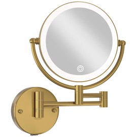 LEDOOLE 8” Wall Mounted Makeup Mirror 1X/10X Magnification, Rechargeable 2 Sided Touch Dimming with LED Lights 360 Swivel Extendable Arm Shaving Mirror, Brushed Moderne Brass