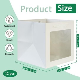 KEYYOOMY White Square Kraft Paper Gift Bags with Window- Small Square Bottom Gift Bags with Handles Party Favor Bags for Wedding Party Birthday Christmas (12 CT, 10x10x10 In)